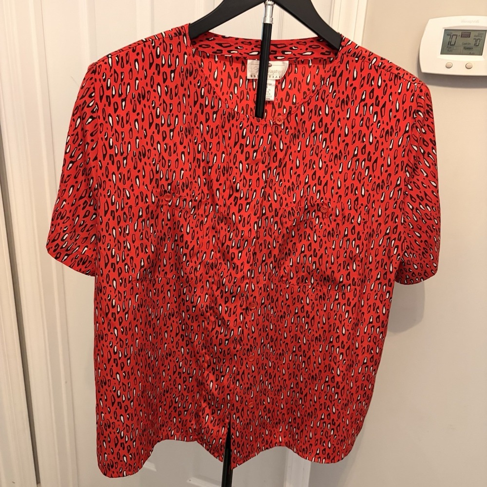 Vtg 90s Worthington Essentials Red Abstract Animal Print Blouse 14 Retro Office